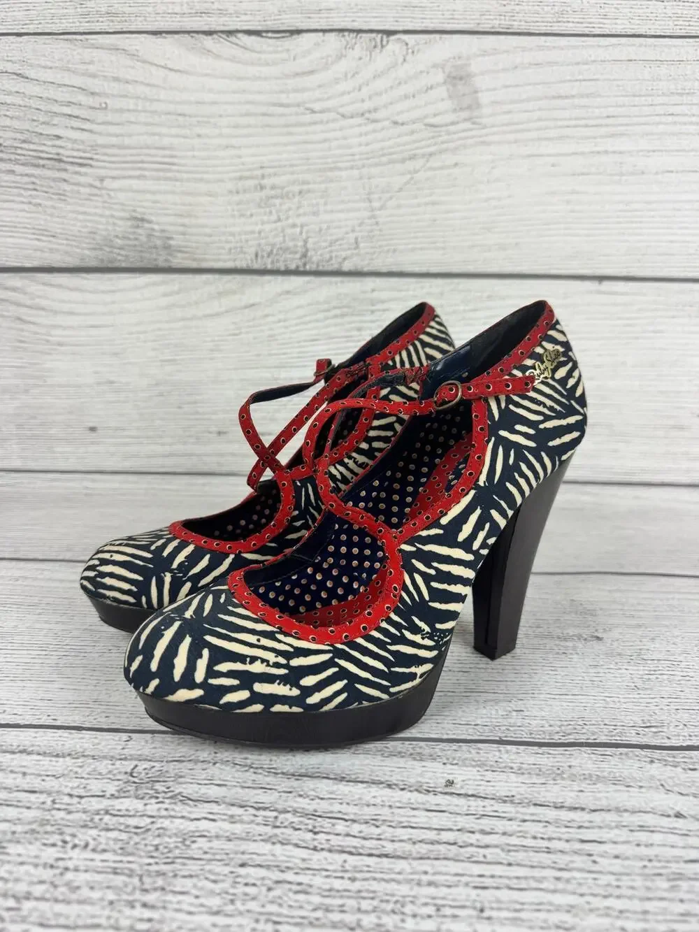 Ruby Shoo Women's Red & Blue Printed Viv Buckle Retro Heels Size 7